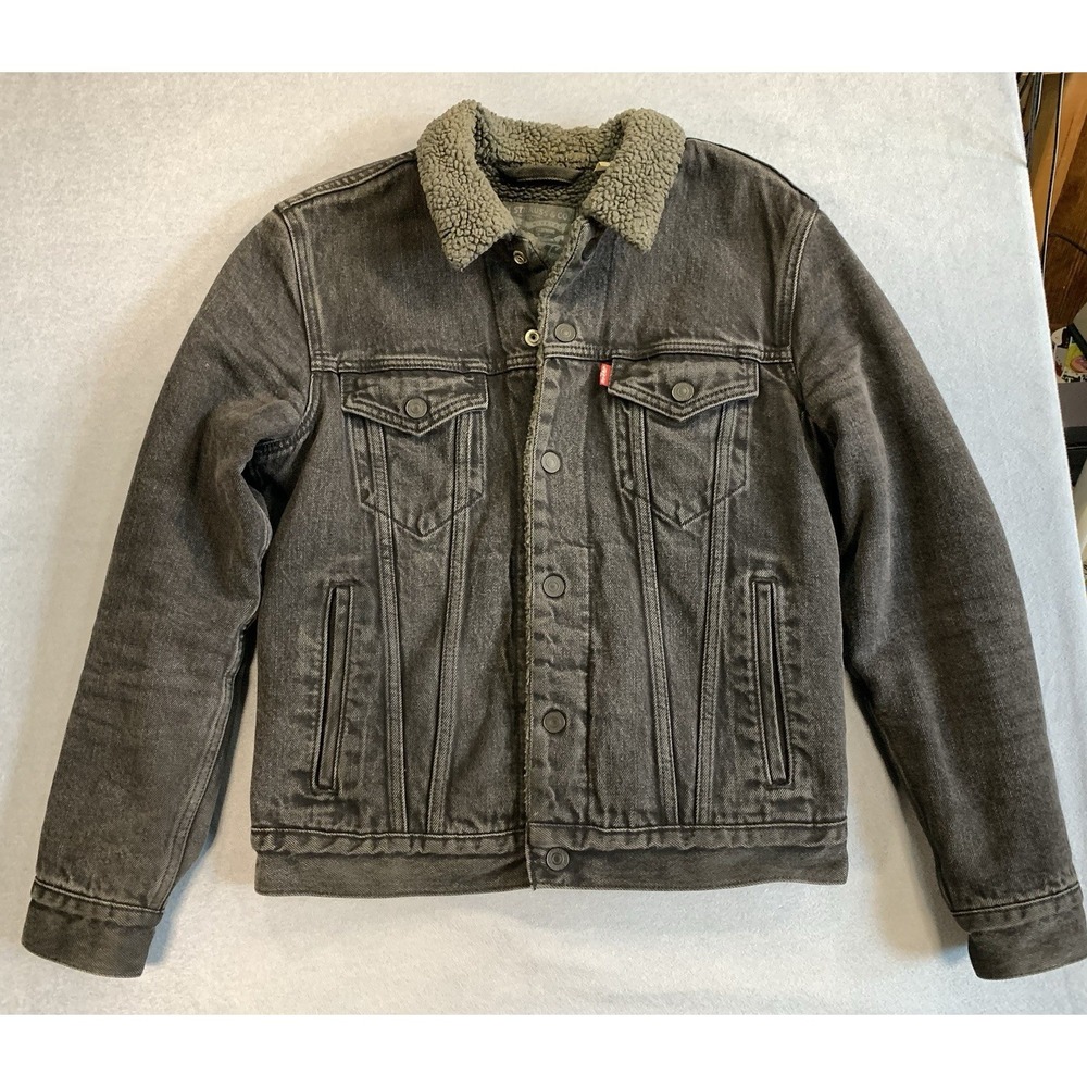 Levi's Denim Trucker Jacket Black x Grey Sherpa Fleece Lined Men's Small
